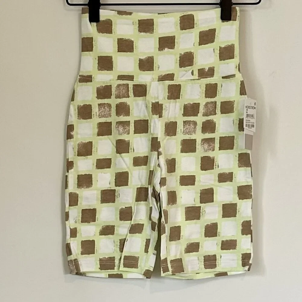 NWT bp High Waist Bike Shorts in Green Ivory Tic Tac Checkerboard - XXS